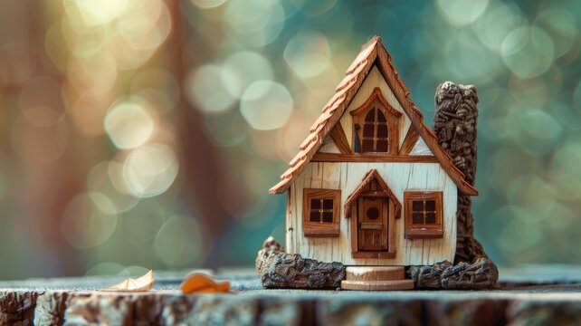 Handcrafted wooden toy house on rustic wooden logs.