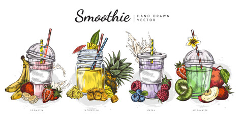 Hand drawn vector set of smoothies with fruits and berries.