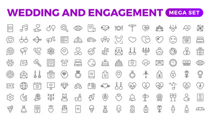 Simple Set of Minimal Wedding Related Vector Line Icons. The wedding outline icon set includes thin line rose, candle, marriage, bouquet, groom, tent, dove icons for report, presentation, and diagram.