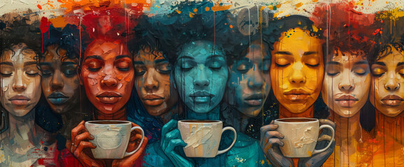 Fototapeta na wymiar beautiful, colourful sketch of many diverse people all holding and drinking from coffee mugs,generative ai