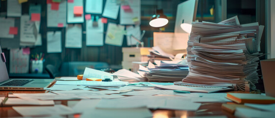 A messy desk with a pile of papers. Selective focus, blurred background