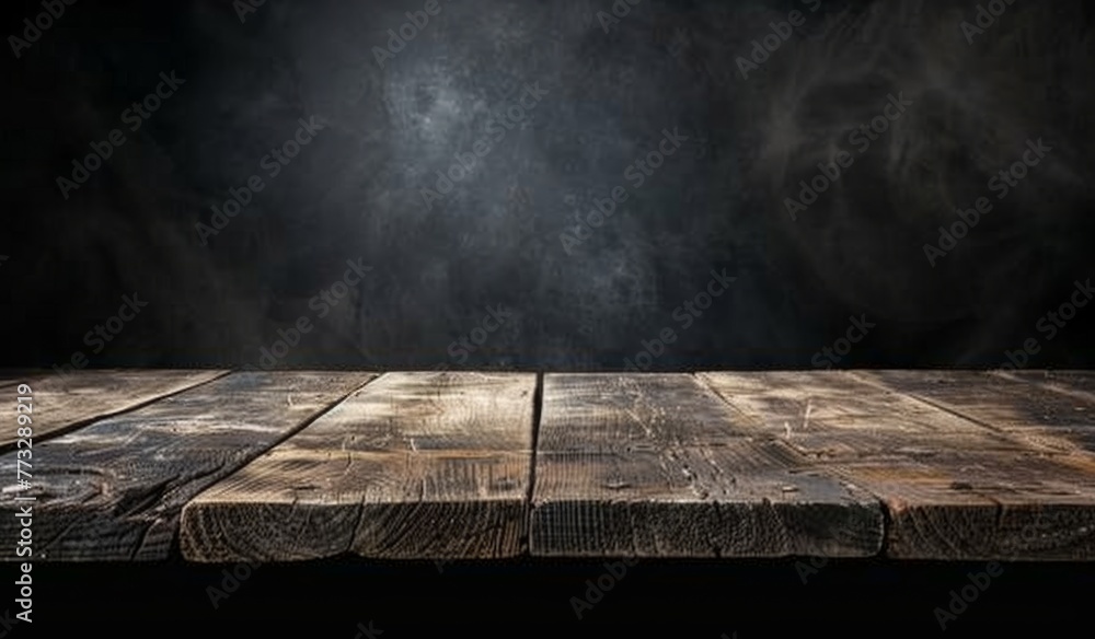 Poster empty old wood table and black background for product display presentation with copy space generativ