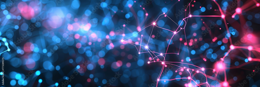 Poster 3d blue and pink abstract with digital connections and lines, dots representing digital binary data.