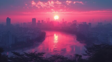  sun sets over river, tall buildings opposite..Or, if you'd like to maintain the original flow:..Sun sets over city with a river