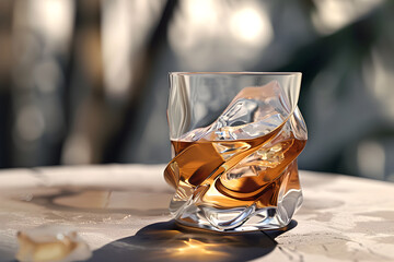 A glass of whiskey is sitting on a table with a shadow cast on it. The glass is twisted and has a unique shape, making it stand out. Concept of sophistication and elegance. Generative AI