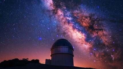 Large Telescope Observing Night Sky Atop Hill