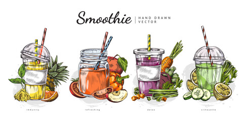 Smoothie with vegetables and fruits hand drawn vector set, natural organic shake cocktail with straws, detox, immunity