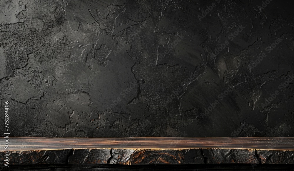 Poster empty old wood table and black background for product display presentation with dark concrete wall t