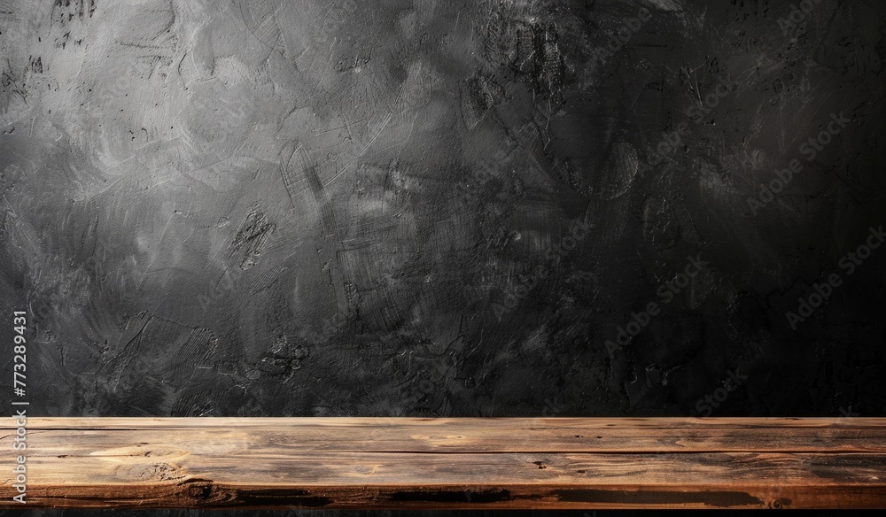 Wall mural Empty old wood table and black background for product display presentation with dark concrete wall, copy space concept Generative AI