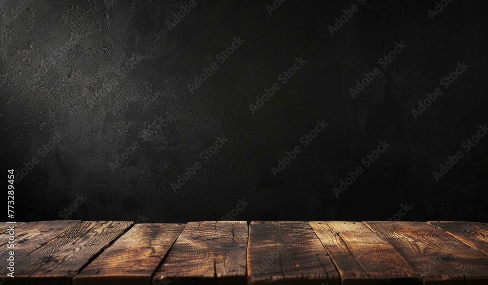 Poster empty old wood table and black background for product display presentation with space on the right s