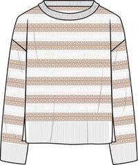 Women's Striped Crochet Jumper- Technical fashion illustration. Front, white and beige color. Women's CAD mock-up.