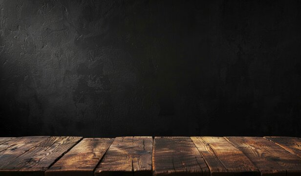 Empty old wood table and black background for product display presentation with space on the right side Generative AI