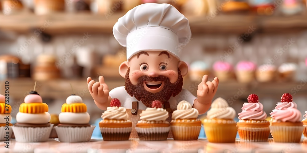 Poster charming pastry chef presenting a tempting display of delectable desserts in a cozy bakery setting w
