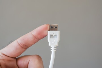 Person holding a USB cable against a grey background