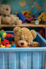 A teddy bear curiously peeking from a child's toy box