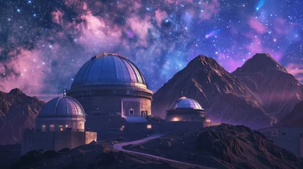 Fotobehang Group of Telescopes on Mountain Summit Under Night Sky © Prostock-studio