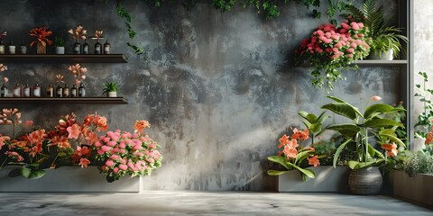 Fototapeta na wymiar Lush and vibrant flower display in misty concrete oasis with copy space