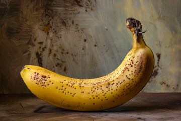 A ripe banana serves as a makeshift perch for a small bird, forming an unlikely duo in a whimsical moment of connection.