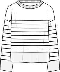 Women's Nautical Striped Jumper. Technical fashion illustration. Front, white color. Unisex CAD mock-up. - obrazy, fototapety, plakaty