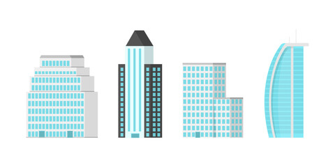 Exterior of modern city buildings. Skyscrapers urban structure with house facade. Residential and business office houses. Modern flat isolated on white background. Metropolis. Vector illustration.