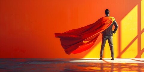 Businessman Cloaked in Superhero Cape Stands in Heroic Pose Exuding Confidence and Power on Dramatic Orange Backdrop