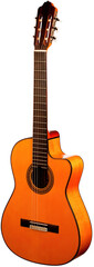 Classical Spanish flamenco guitar close up, dramatically lit isolated on white background with copy space.