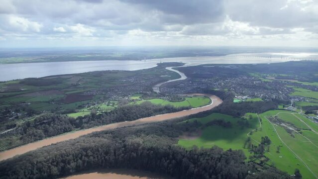 Amazing aerial panorama of Tintern Abbey, River Wye, and the nearby landscape.