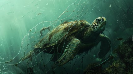 Fototapeta premium Turtles are caught in fishing nets on the seabed.World Ocean Day world environment day. Virtual image.