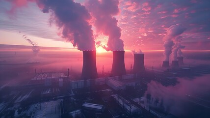 Cooling towers and chimneys of a power station at dawn