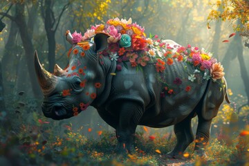   A rhino adorned with floral headgear stands centrally in a verdant forest, enveloped by a dense canopy of leaves and blooms - obrazy, fototapety, plakaty