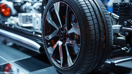 Fototapeta premium Cutting-edge Electric Car's Wheel and Chassis Showcasing Advanced Materials and Design