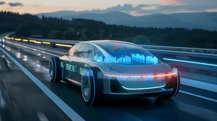 Fotobehang Futuristic Electric Car Navigating Scenic Highway with Holographic Dashboard Showcasing Travel Technology © pkproject