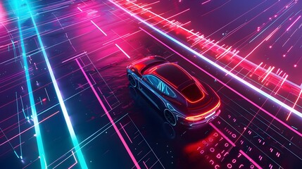Futuristic Electric Car Speeding Through Neon-Lit Smart City Skyline