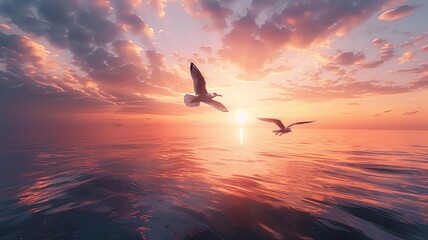 Seabirds soar over calm waters under a peaceful sky in a coastal ballet