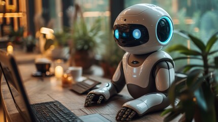   A robot sits at a desk, in front of a laptop A potted plant lies in a corner of the room