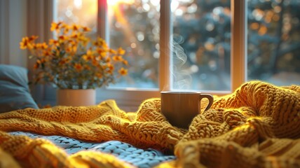 Cozy winter morning with a warm drink and yellow knitted blanket