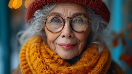   A tight shot of an individual donning glasses and a hat, adorned with a knitted scarf encircling their neck
