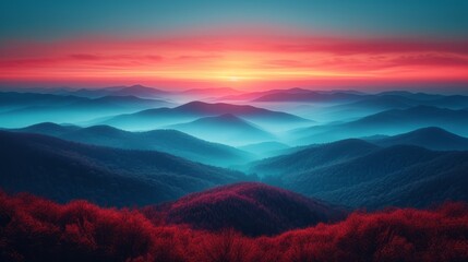   A red-hued forest of trees at the mountains' foot, contrasting against a tranquil, blue sky as the sun sets - obrazy, fototapety, plakaty