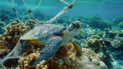 Naklejka na ściany i meble Turtles are caught in fishing nets on the seabed.World Ocean Day world environment day. Virtual image.