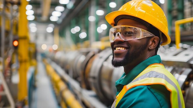 Smiling Worker Overseeing Vibrant Industrial Production Line with Pride and Efficiency