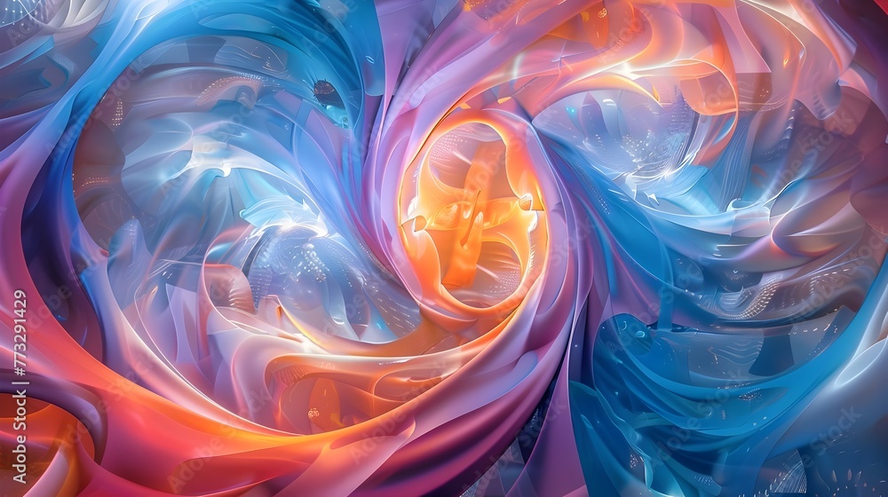 Poster swirling digital abstract merging in a kaleidoscope of vibrant colors revealing dynamic patterns and