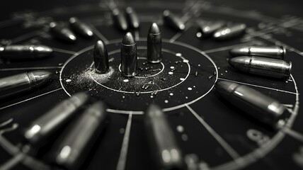 Brass bullet casings strewn across a black and white target
