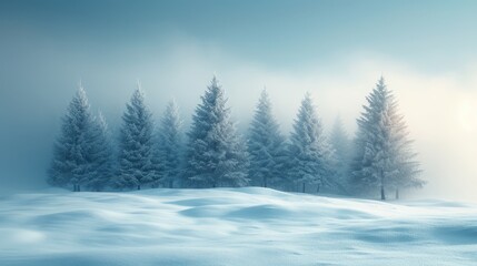   A snow-covered landscape featuring pine trees in the foreground and a foggy, distant sky in the background