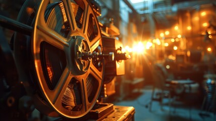 Warm glows envelop an old-fashioned film projector reel in a nostalgic scene