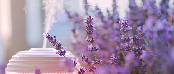 A close-up of lavender flowers and a diffuser highlighting natural remedies and aromatherapy for inducing sleep - obrazy, fototapety, plakaty