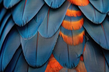 A close-up of blue and orange feathers showcasing their natural texture and colors