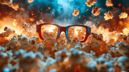Cinema tickets and 3D glasses amidst popcorn explosion