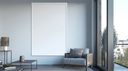 Frame mockup in interior. Cozy bedroom with empty poster frame.