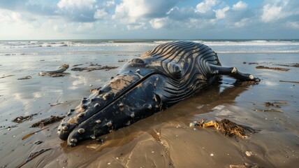 A whale stranded on the beach with a ruptured stomach and rubbish in its stomach died. world ocean day world environment day Virtual image. - obrazy, fototapety, plakaty
