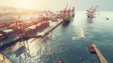 Aerial view of international port with Crane loading containers in import export business logistics, 16:9 - obrazy, fototapety, plakaty